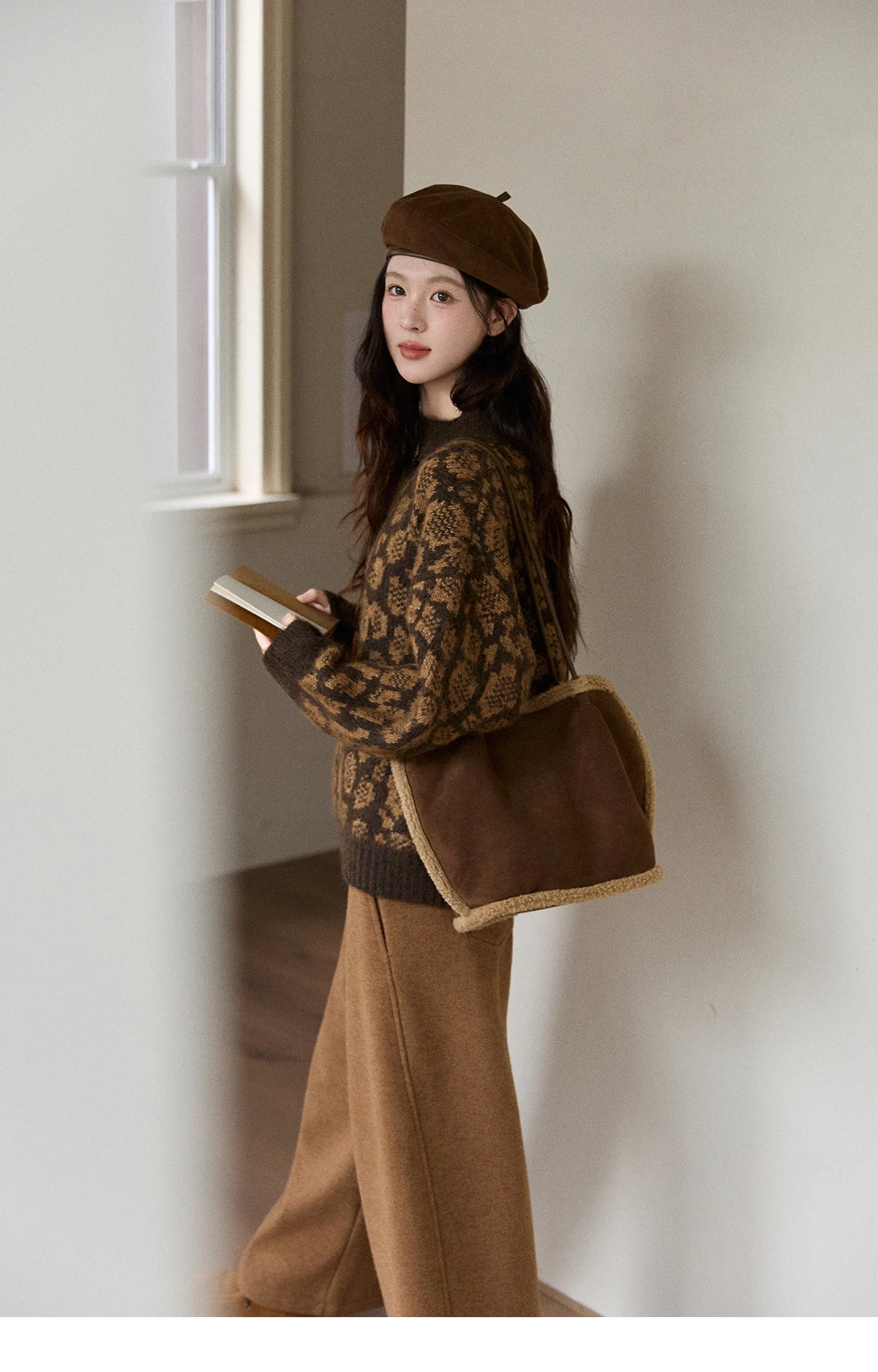 MISHOW Women's Color Block Geometric Leopard Jacquard Sweater Winter French Half Turtleneck Dropped Sleeve Knitwear MXE91Z2839