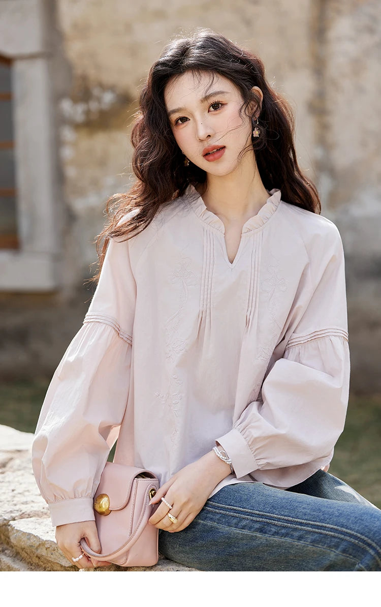 MISHOW Pink Cotton Ruffled Blouse Loose Long Sleeve MXE13X1699
