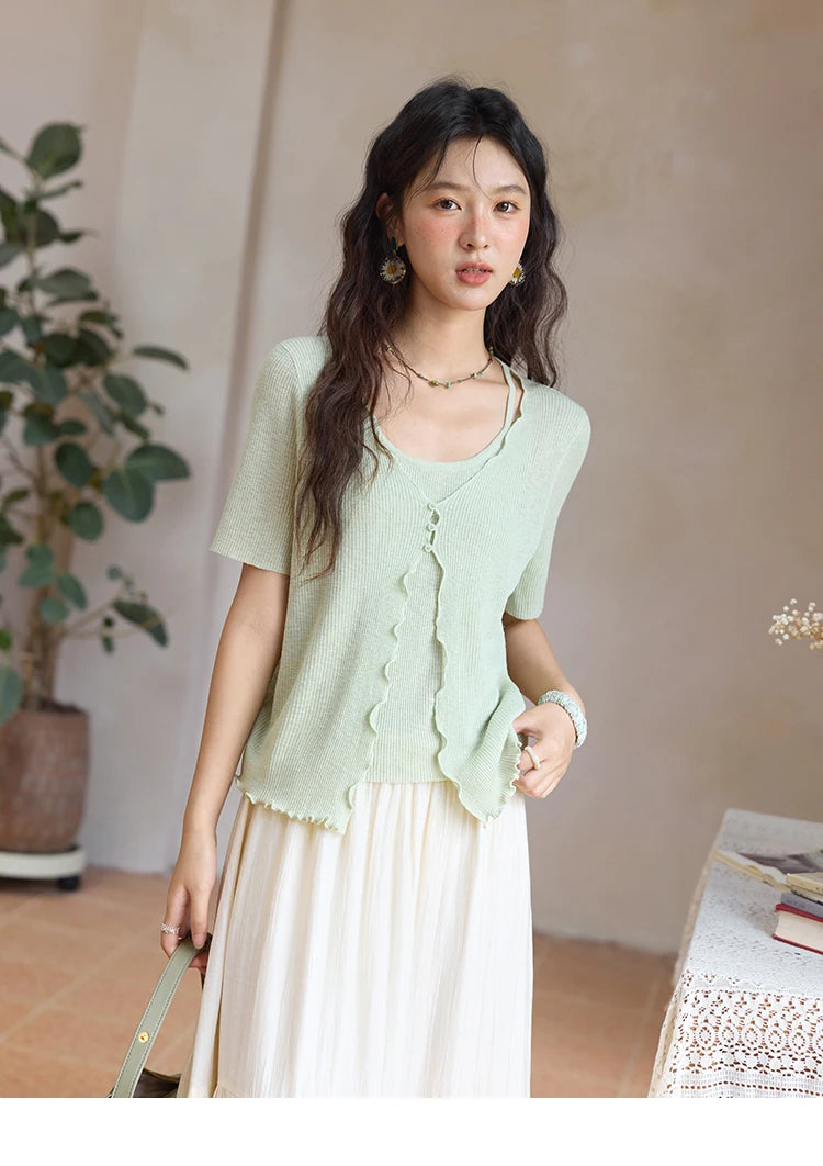 MISHOW Women's Mint Green Fake Two Piece Short Sleeved Knitted Cardigan 2025 Summer Solid Color Loose Comfortable Top MXE36Z1286