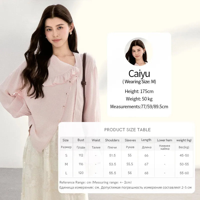 MISHOW Women's Pink Elegant Blouse 2026 Spring Asymmetrical Ruffled Collar Button Shirts Puff Sleeve Casual Loose Top MXF11X2520