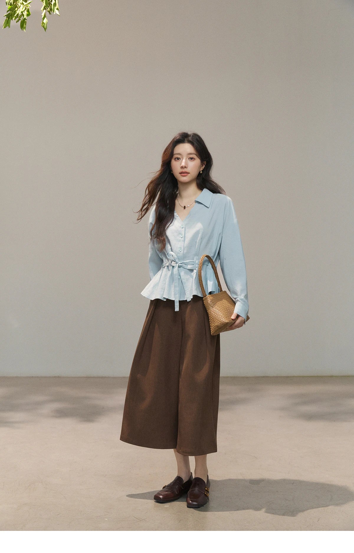 MISHOW Women's Light Blue Lyocell Shirt 2026 Spring Polo Neck V-neck Belted Waist Shirt Casual Peplum Long Sleeve Top MXF13C2437