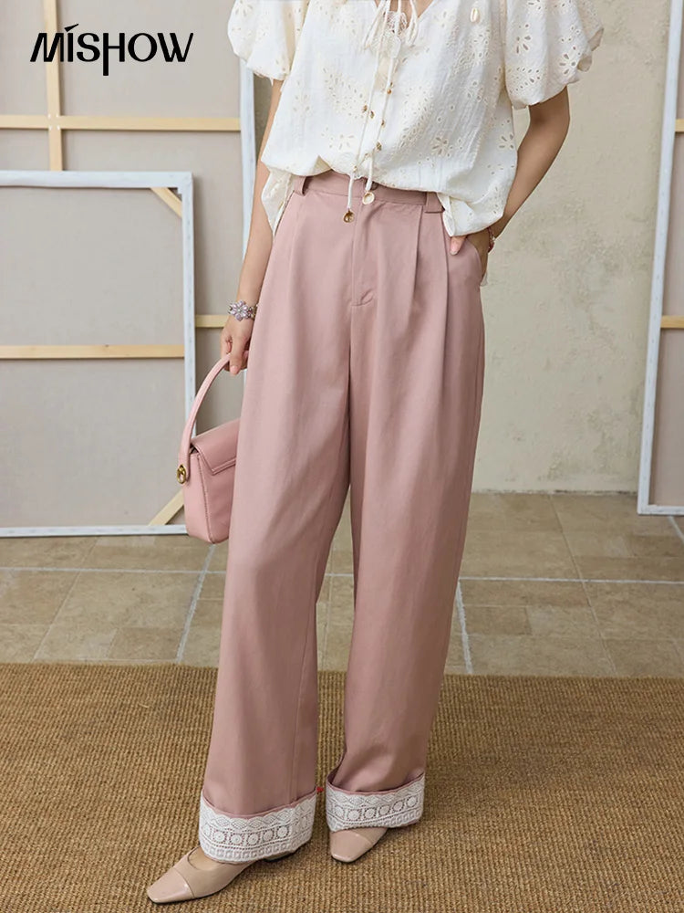 MISHOW Hem Lace Hollow Out Wide Leg Pants for Women Summer 2025 High Waist Loose Pink Pants Straight Leg Trousers MXE31K0900