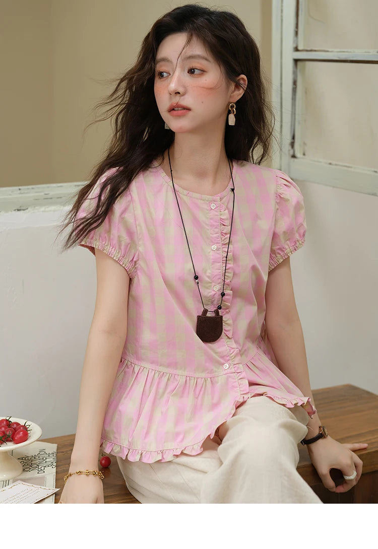 MISHOW Women's Puff Sleeve Plaid Button Shirt 2025 Summer New Fashion O-Neck Wood Ear Casual Shirt Cotton Pink Top MXE39X1932