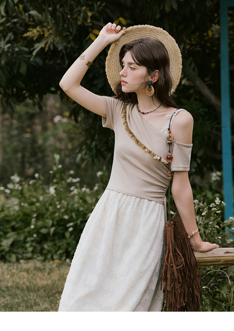 MISHOW Holiday Summer Dresses Women New 2025 Short Sleeve Off-shoulder Knitted Patchwork Midi Dress Female Slimming MXE33L2207