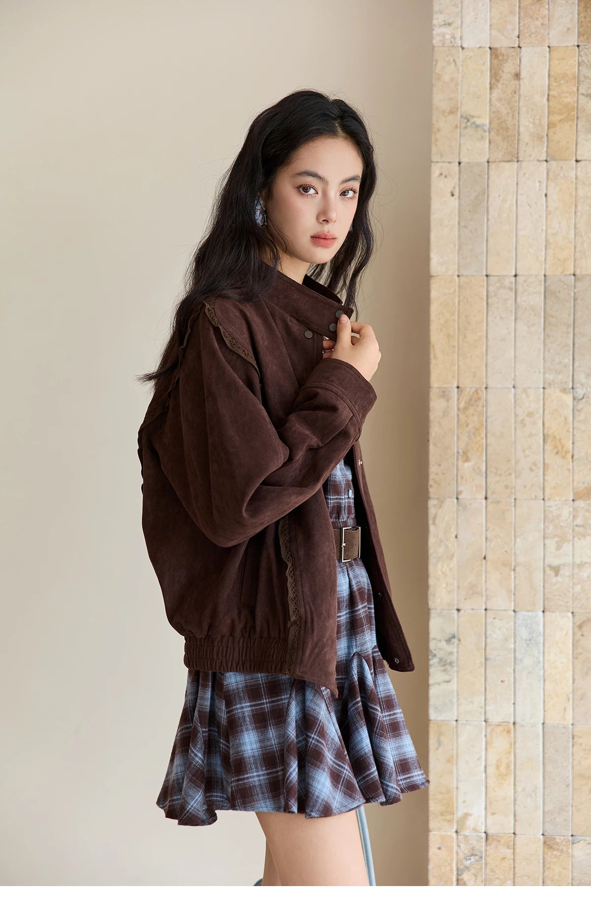 MISHOW Women's Blue Plaid Short Dress 2025 Autumn Retro Turn-down Collar Waist-Cinched Long Sleeve Dress with Belt MXE48L2525