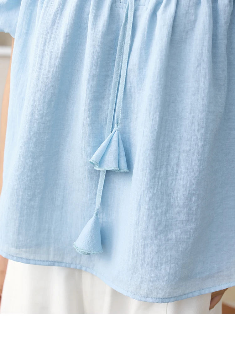 MISHOW Mist Blue One Shoulder Blouse Summer 2025 Elastic Pleated Flower Bud Sleeves Doll Blouses Cotton Blend Top MXE34X1796