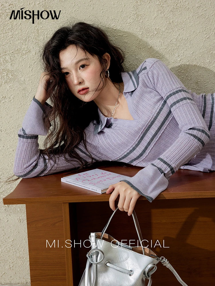 MISHOW Striped Knitted Tops for Women Spring 2025 Contrast Color Striped Slim V-neck Trumpet Sleeves Commuter Outfit MXE13Z1141