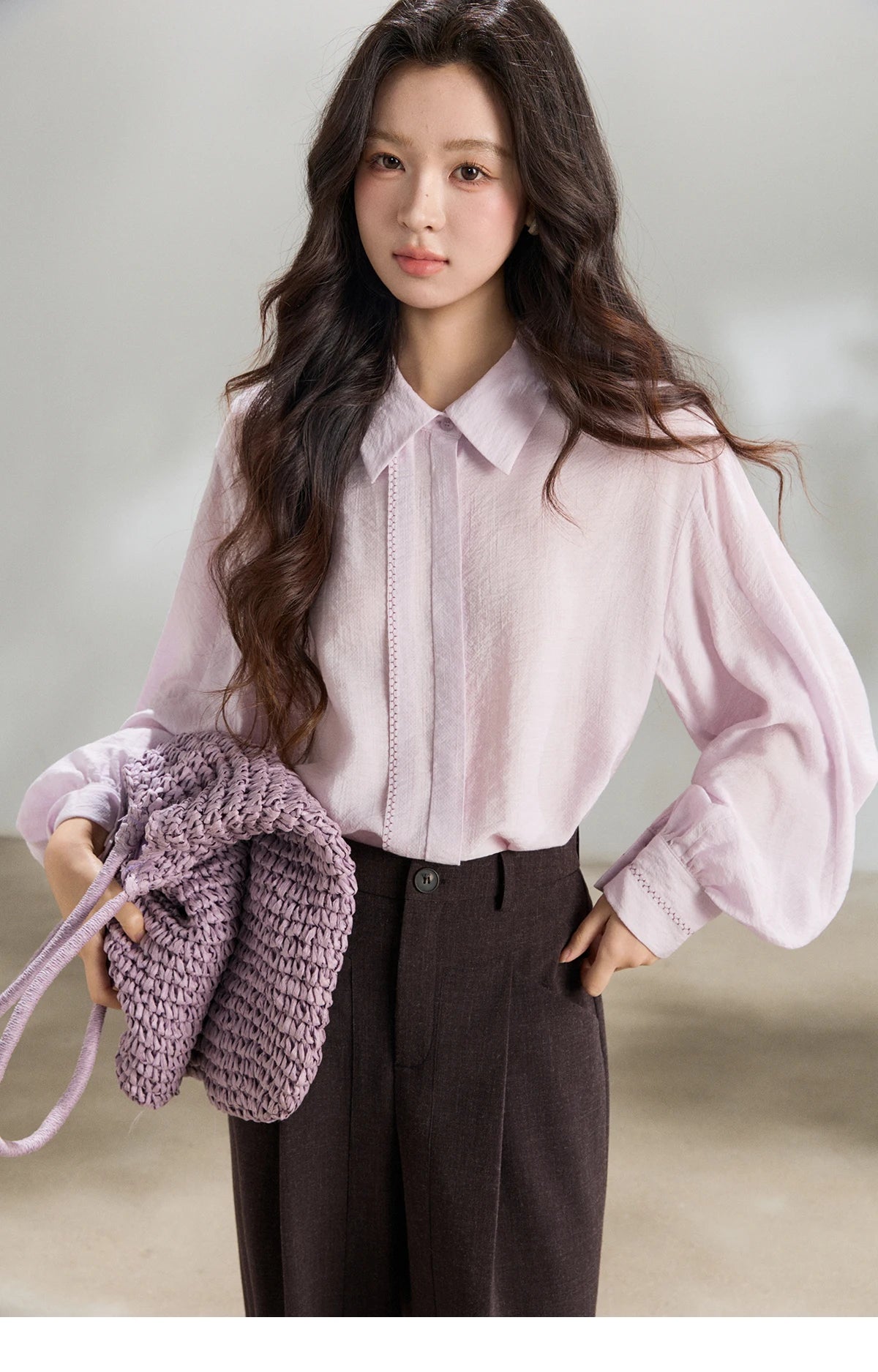 MISHOW Women's Lapel Lantern Sleeve Shirts 2026 Spring Lace Trim Casual Loose Breathable Solid Shirt Office Lady MXF13C2436