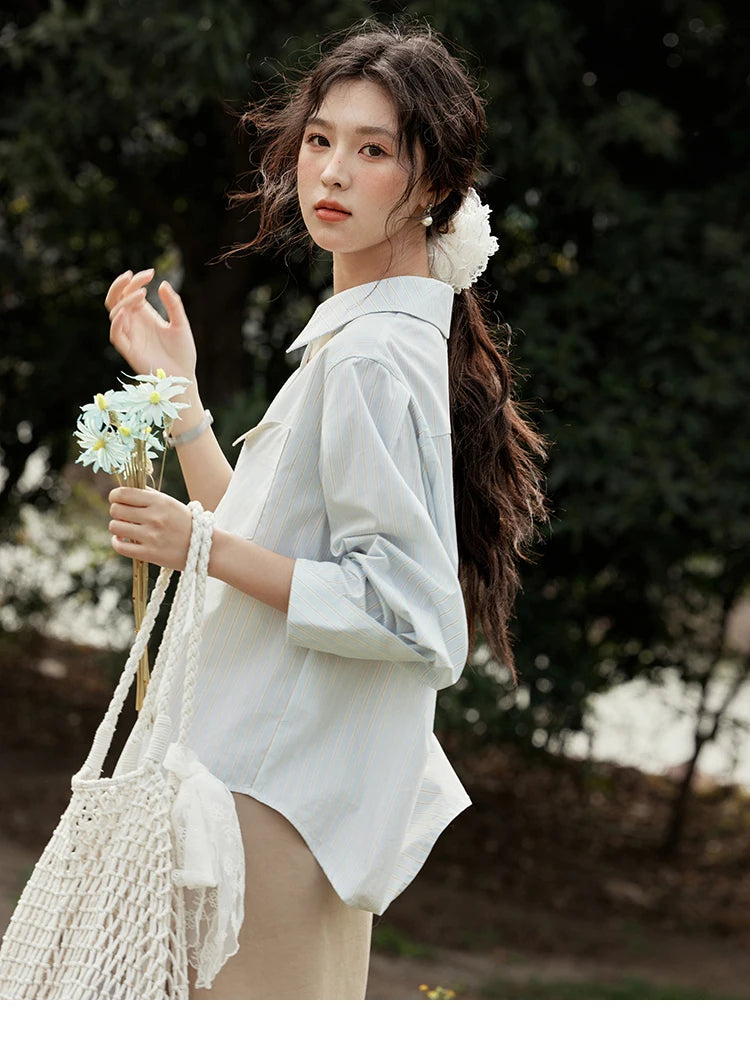 MISHOW Light Blue Striped Shirt for Women Spring 2025 Contrast Color Placket Shirt 100 Cotton Polo Neck Commuting Top MXE15C0762