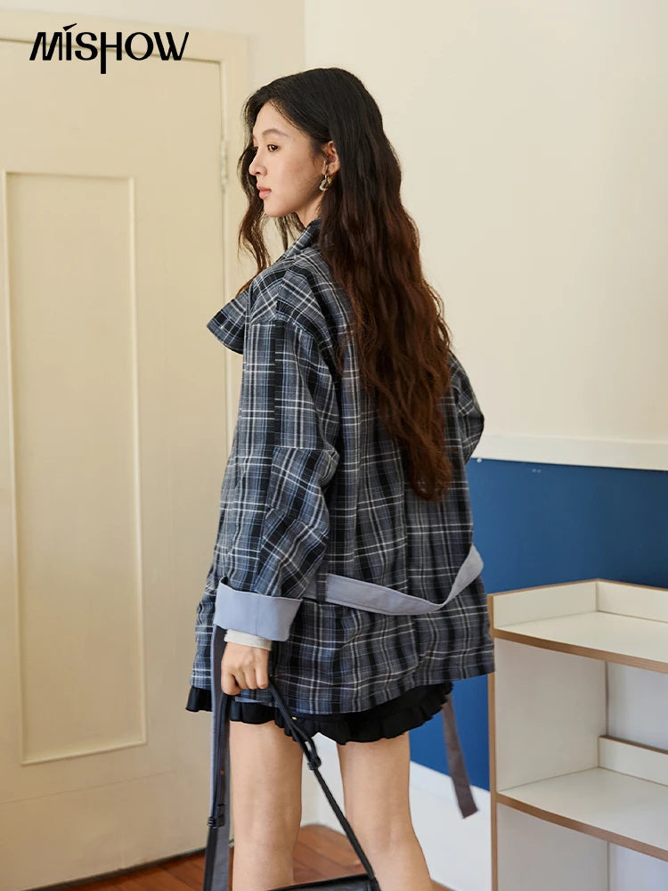 MISHOW Two Sided Outerwear Trench for Women Autumn Winter 2025 Blue Plaid Patchwork Diagonal Placket Belt Trench MXE48W0871