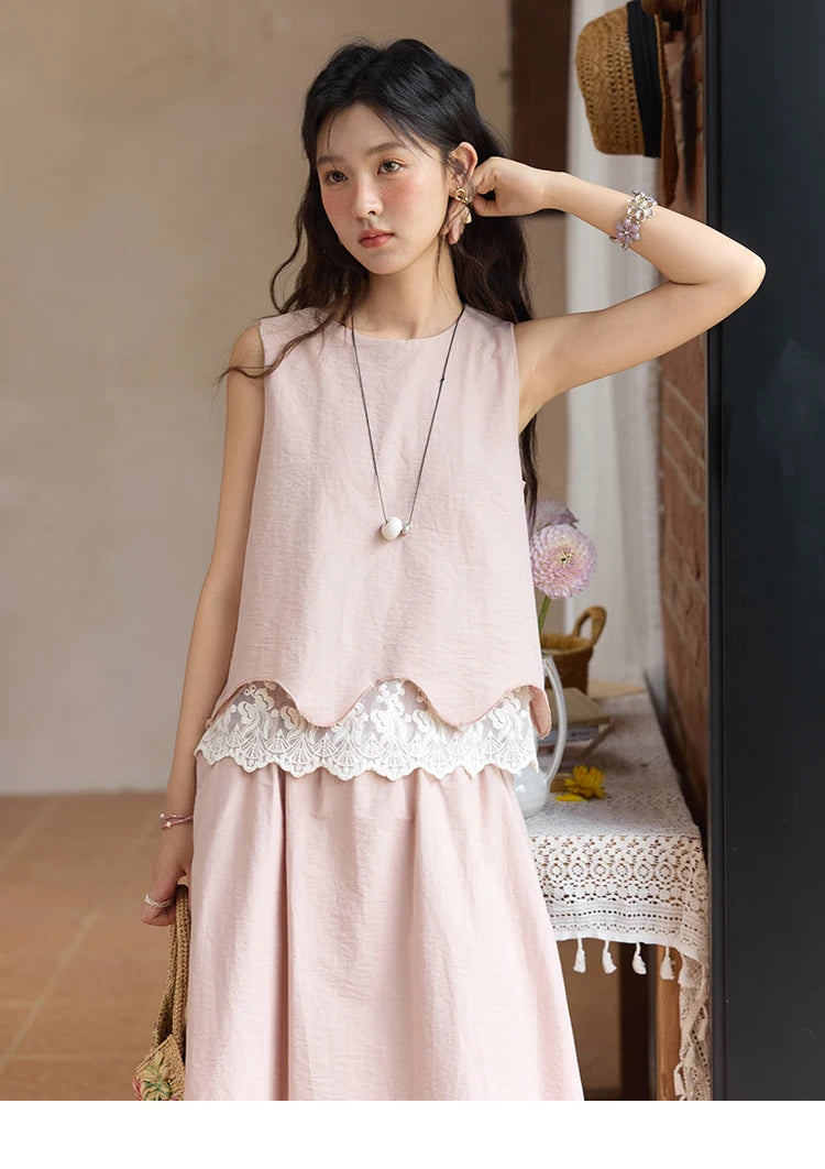 MISHOW Set 2 Piece 2025 Summer Women's O-Neck Lace Patchwork Sleeveless Top Elastic Waist Midi Skirt Elegnat Set MXE36T0641