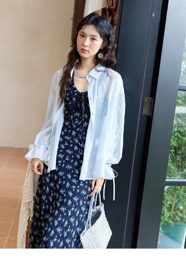 MISHOW Blend Patchwork Lace Cool Shirt Female Autumn 2025 Korean Loose Lapel Drop Sleeve Shirts Drawstring Cuffs Top MXE31C0789