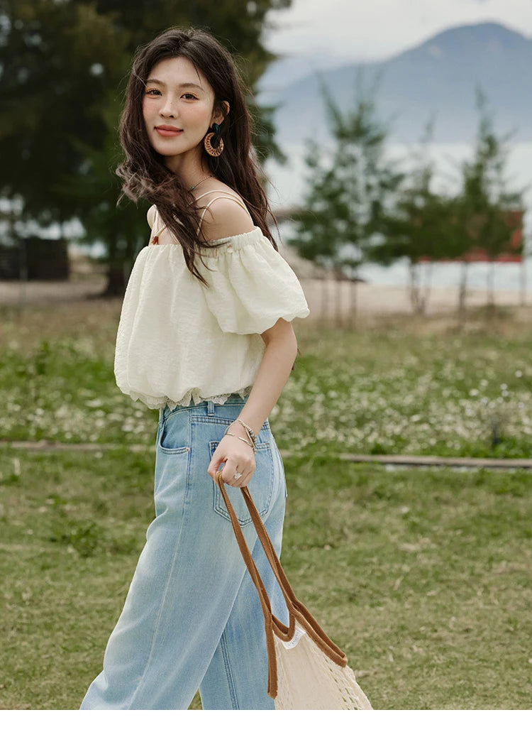 MISHOW French Summer Camisole Shirt Female 2025 New Solid Off-shoulder Short Sleeve Lace Tops Fashion Gentle Blouses MXE33X1755