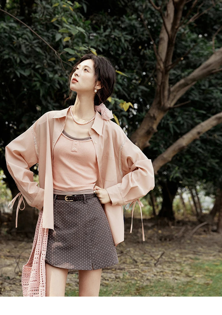 MISHOW Pink Long Sleeve Shirt for Women Spring 2025 Korean Splicing Lace Bow Tie Shirt Polo-neck Solid Versatile Tops MXE16C0767