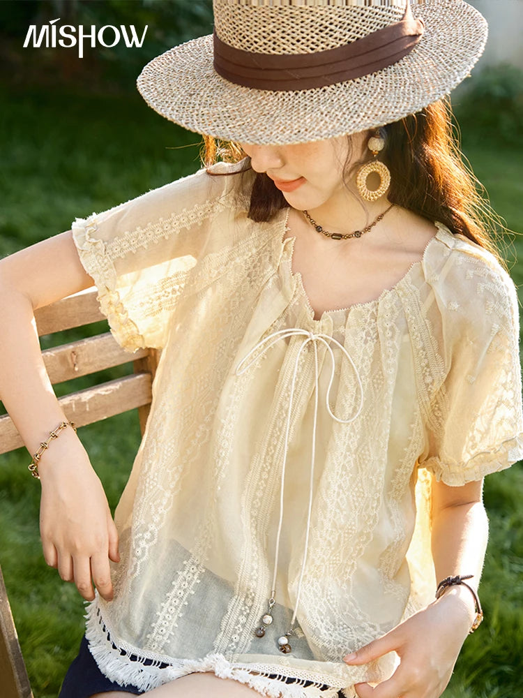 MISHOW Women's Embroidery Jacquard Blouse 2025 Summer New Fashion O-Neck Lace Up Short Sleeve Blouse Female Clothing MXE37X1861