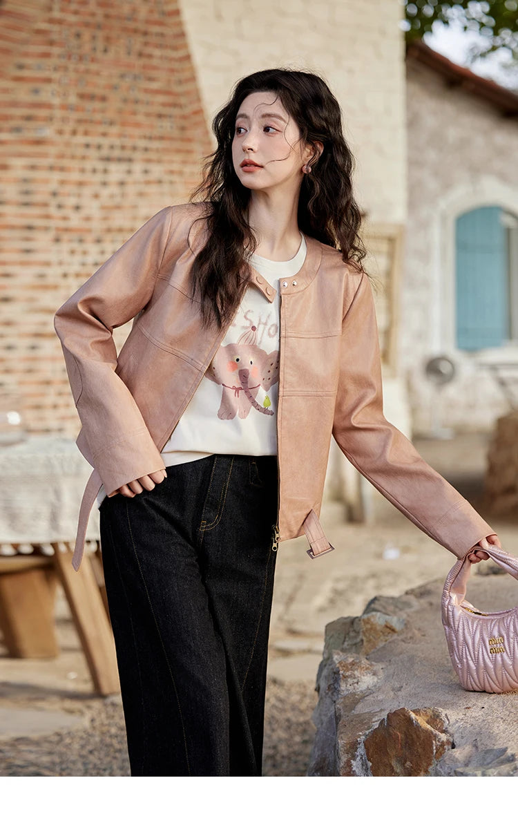 MISHOW Fashion Pink Leather Jacket Women's Spring 2025 New Shoulder Long Sleeved Slim Fit Leisure Tops Coat Female MXE11W0714