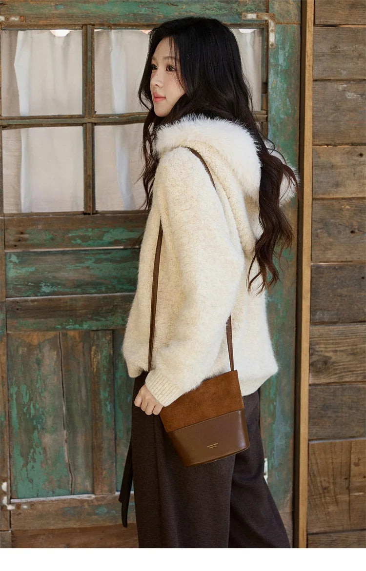 MISHOW Women's Beige White Cardigan Winter Fur Hood Zipper Warm Loose Outerwear Towel Embroidered Knitted Cardigan MXE94Z2963