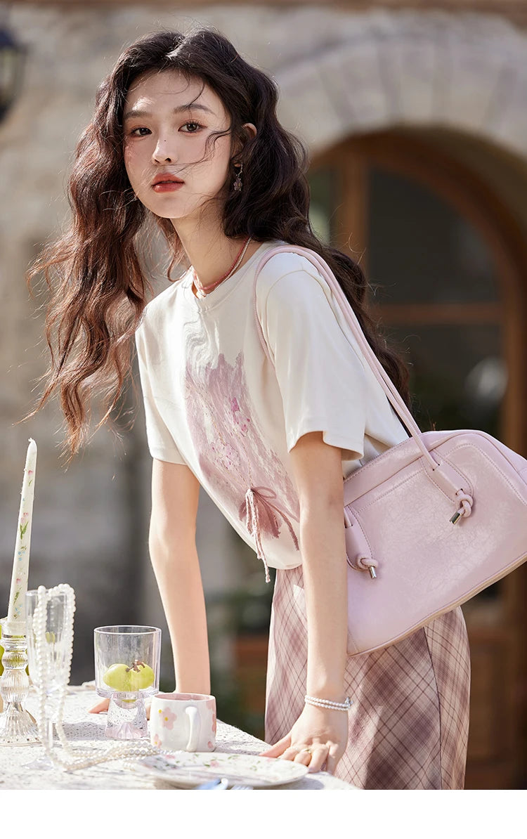 MISHOW Iris Cool Cotton T-shirt for Women Spring 2025 Spray Printing Slim Tees Round Neck Breathable Versatile Top MXE13T0453