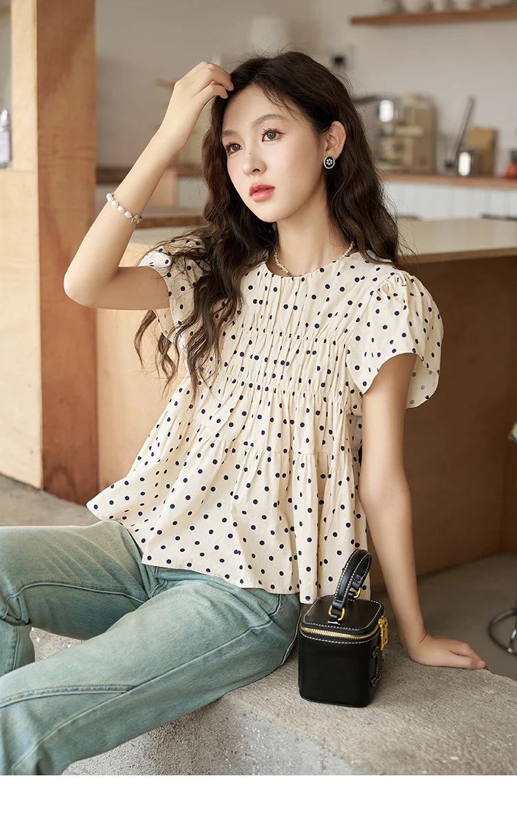 MISHOW Polka Dot Blouses for Women 2025 Summer French Flying Sleeve O Neck Elastic Folds Loose Retro Female Doll Top MXC39X1291