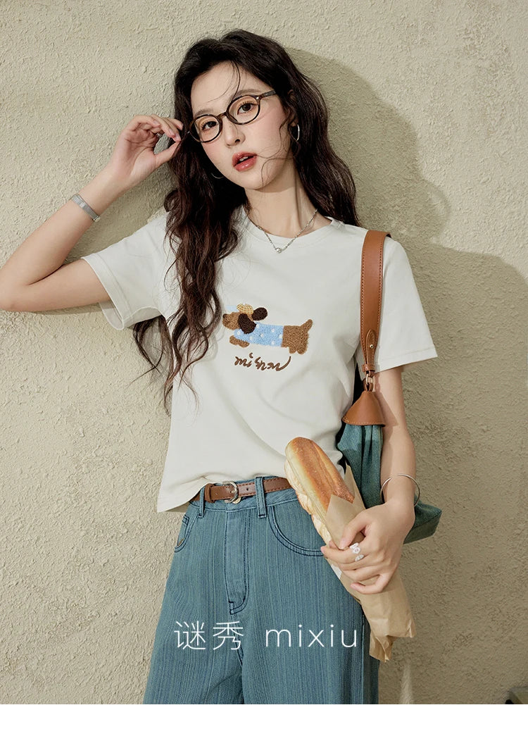 MISHOW Versatile Denim Straight Leg Pants for Women Spring 2025 Embroidery Pockets Commuting Loose Denim Trousers MXE14K0870