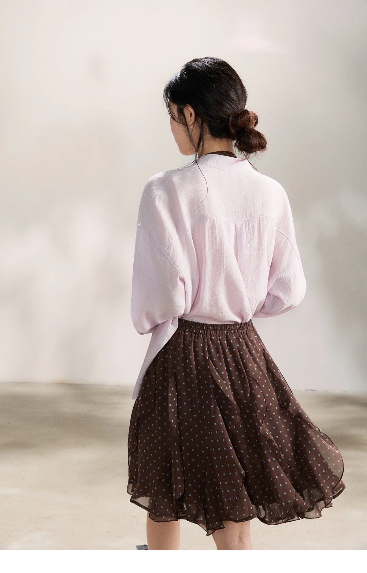 MISHOW Women's Asymmetric V Neck Shirts 2026 Spring Lapel Casual Loose Tie Cuffs Solid Shirt with Polka Dot Ribbon MXF108X1002