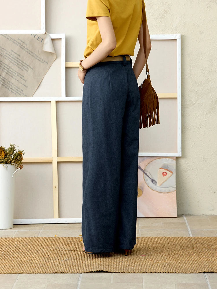MISHOW Office Lady Summer Pants Women New 2025 Retro Dark Blue High Waist Wide-leg Pants Female Slimming Straight MXE31K0902