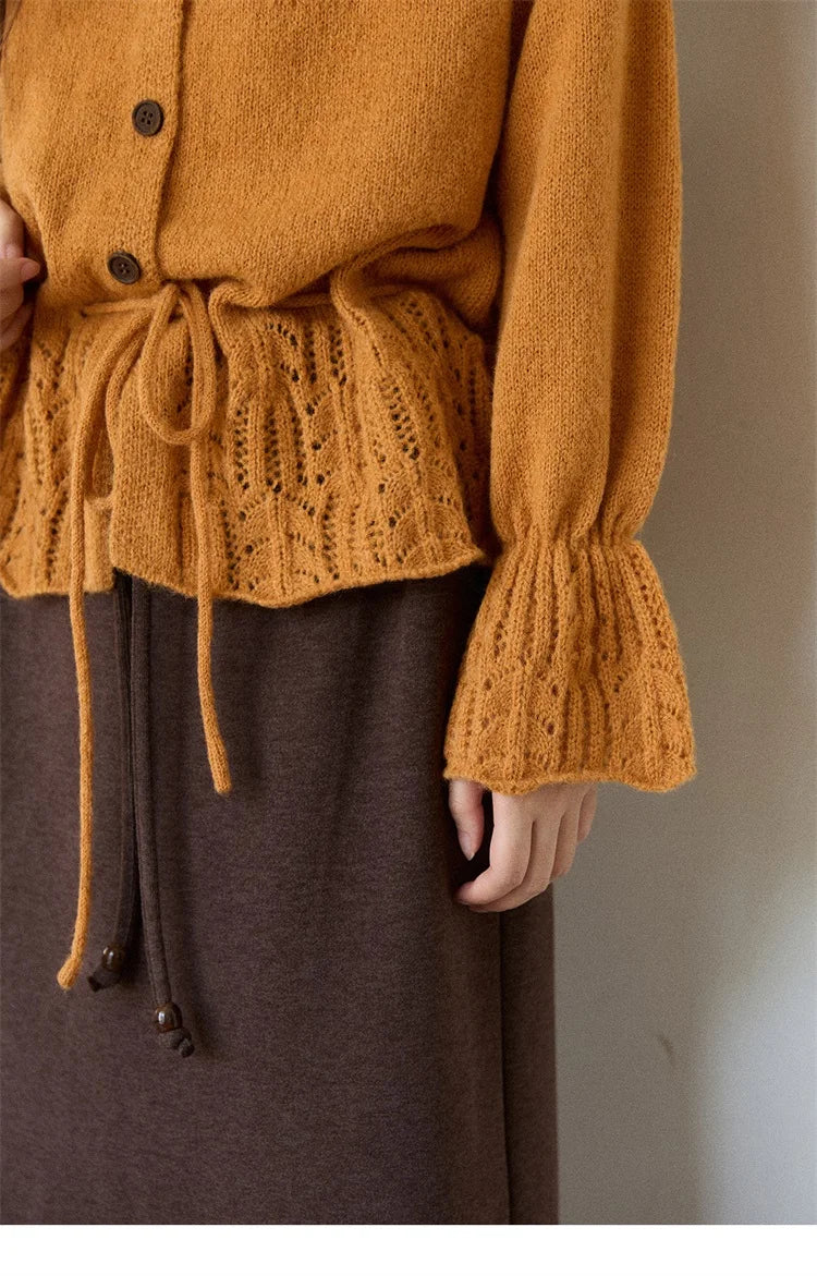 MISHOW Orange Cardigan Women 2025 Winter Retro Openwork Crochet Pattern Knit Top Loose Warm Flared Sleeves Sweater MXE87Z2685