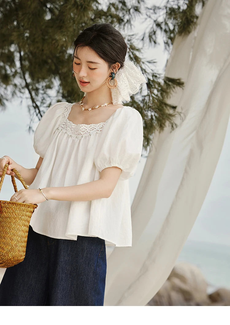 MISHOW French New Shirts Women Summer 2025 Short Puff Sleeve Square Collar Solid Splicing Lace Blouses Female Holiday MXE32X1780