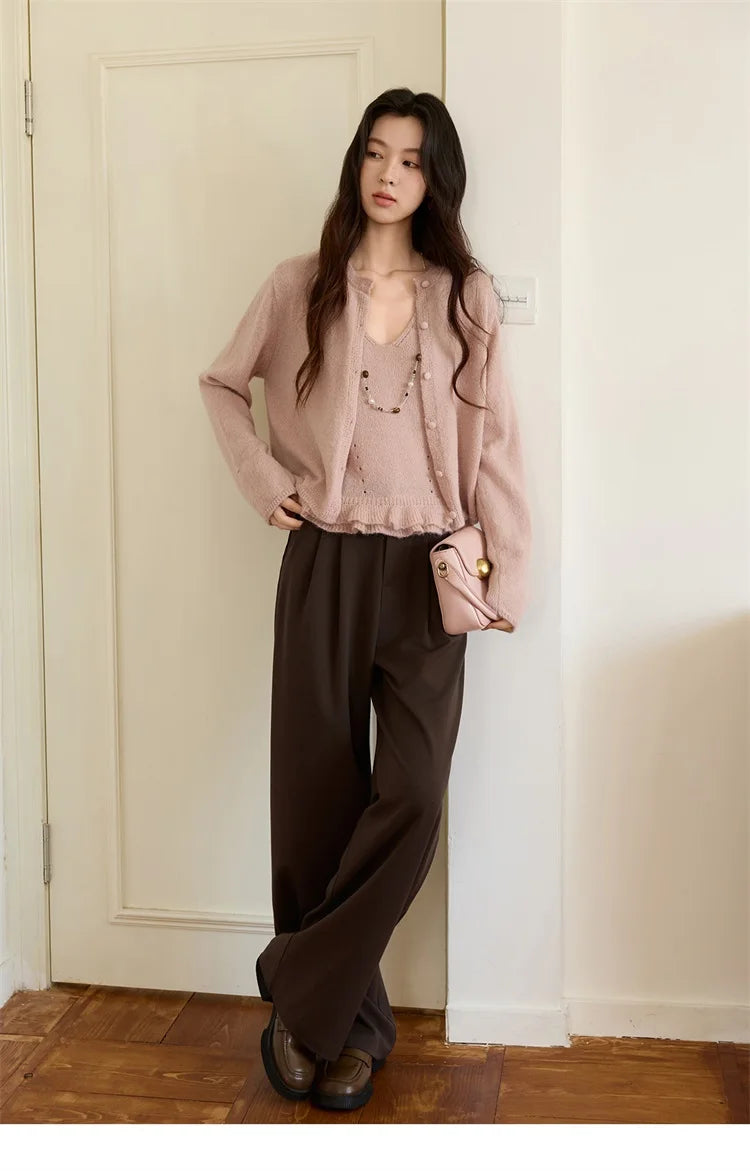 MISHOW Knit Cardigan for Women 2025 Autumn Elegant Pink Crew Neck Cardigan Loose Suspenders Two-piece Suit for Women MXE48T1404