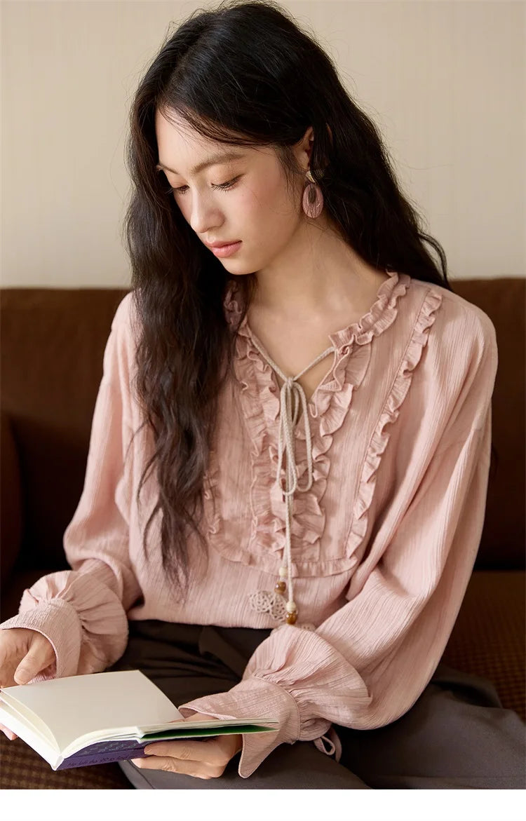 MISHOW Women's Pink Blouse 2025 Autumn Elegant Fold Edge V-collar Bubble Sleeve Top Loose Casual Commute Blouses MXE45X2485