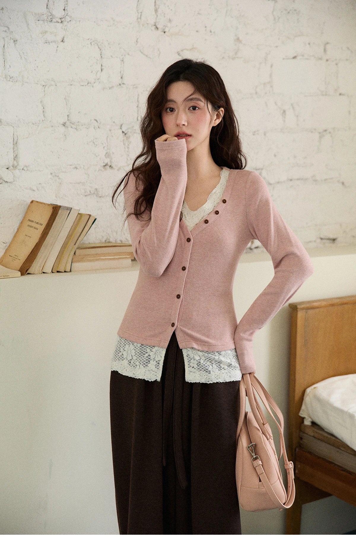 MISHOW Long Sleeve Tops for Woman 2025 Autumn Winter Sweet Gentle V-neck Top with Lace Trim Commute Slim Knit Top MXE86Z2673