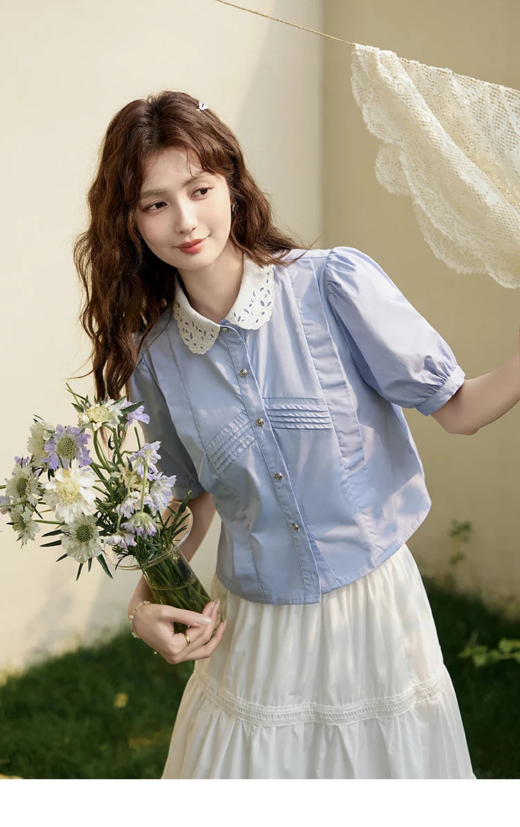 MISHOW Women's Summer Button Up Shirt Puff Sleeve Blouse Lace Lapel French Retro Contrast Top Korean Popular Clothes MXD26X1451