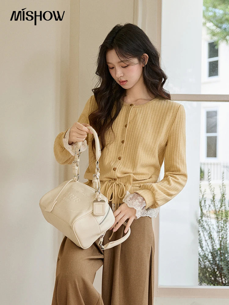 MISHOW Women's Yellow Ribbed Cardigan Spring Lace Trim Drawstring Waist Thin Knitted Sweater Long Sleeve Casual Top MXF11Z2919