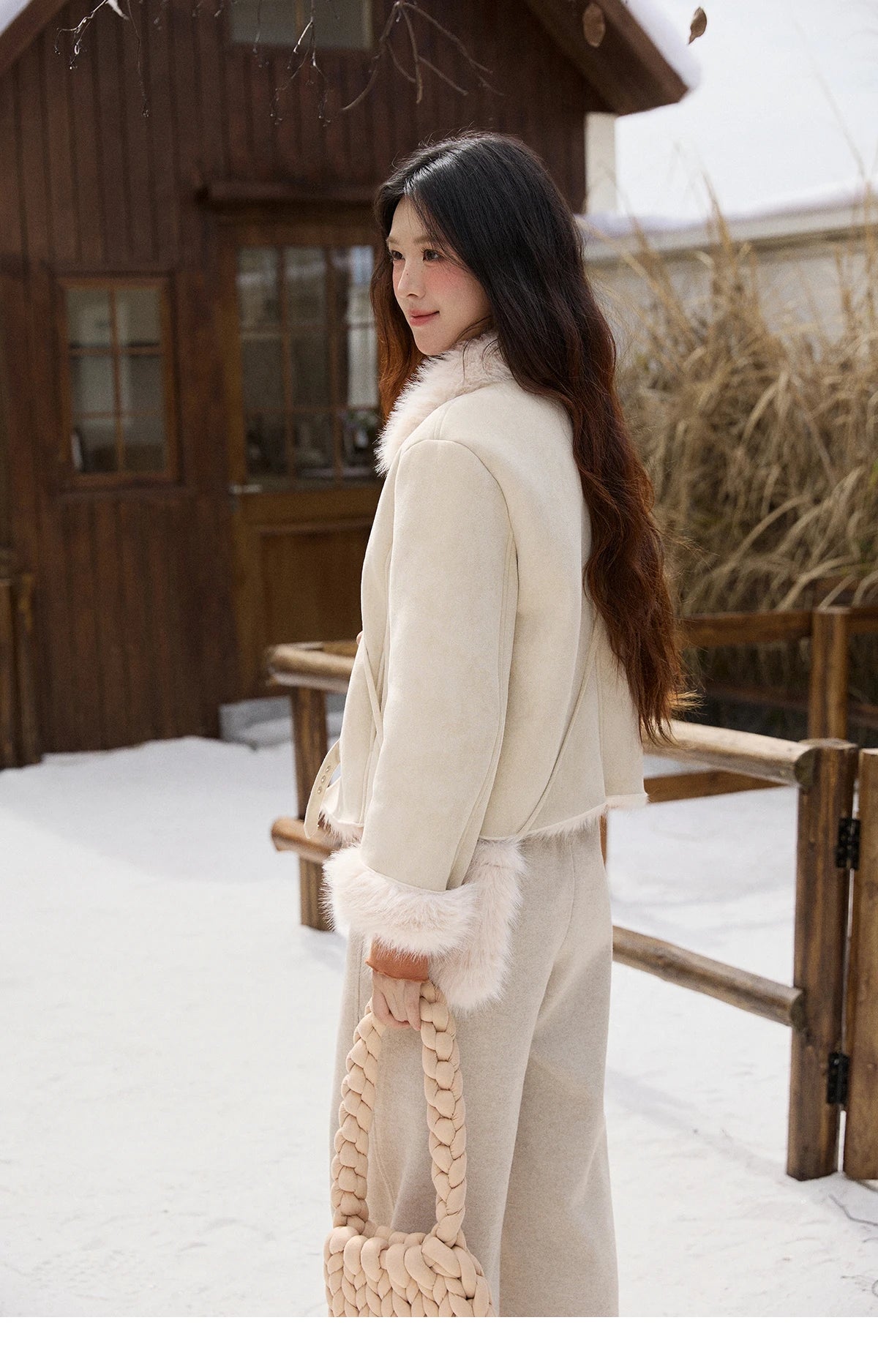 Mishow Faux Fur Lapel Short Coat with Plush Bag MXE91W1000