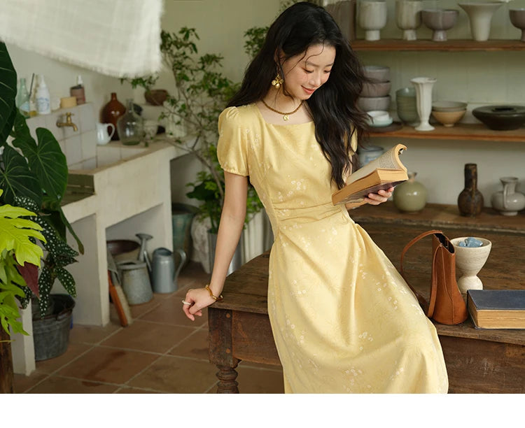 MISHOW Women's Clothing Fashion Square Neck Puff Sleeve Dress Summer 2025 New Bamboo Leaf Jacquard Pattern Dresses MXE39L2415