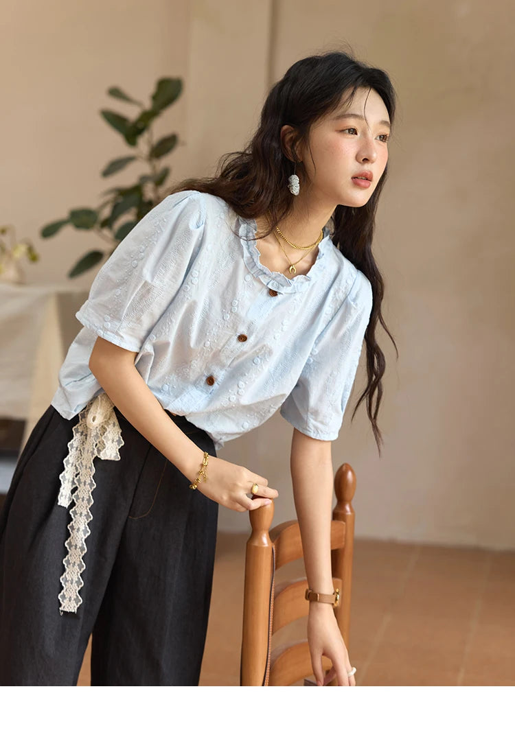 MISHOW 100% Cotton Women's Puff Sleeve Shirt 2025 Summer New Fashion Round Neck Button Top Casual Female Clothing MXE36X1873