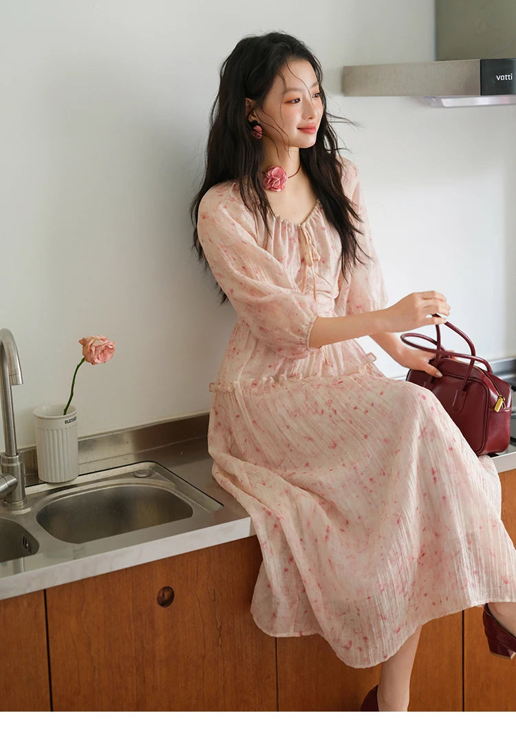 MISHOW Korean Women's Floral Pink Dress Autumn Convertible V Neck Off Shoulder Bubble Sleeves Elastic Waist Dresses MXE41L2479