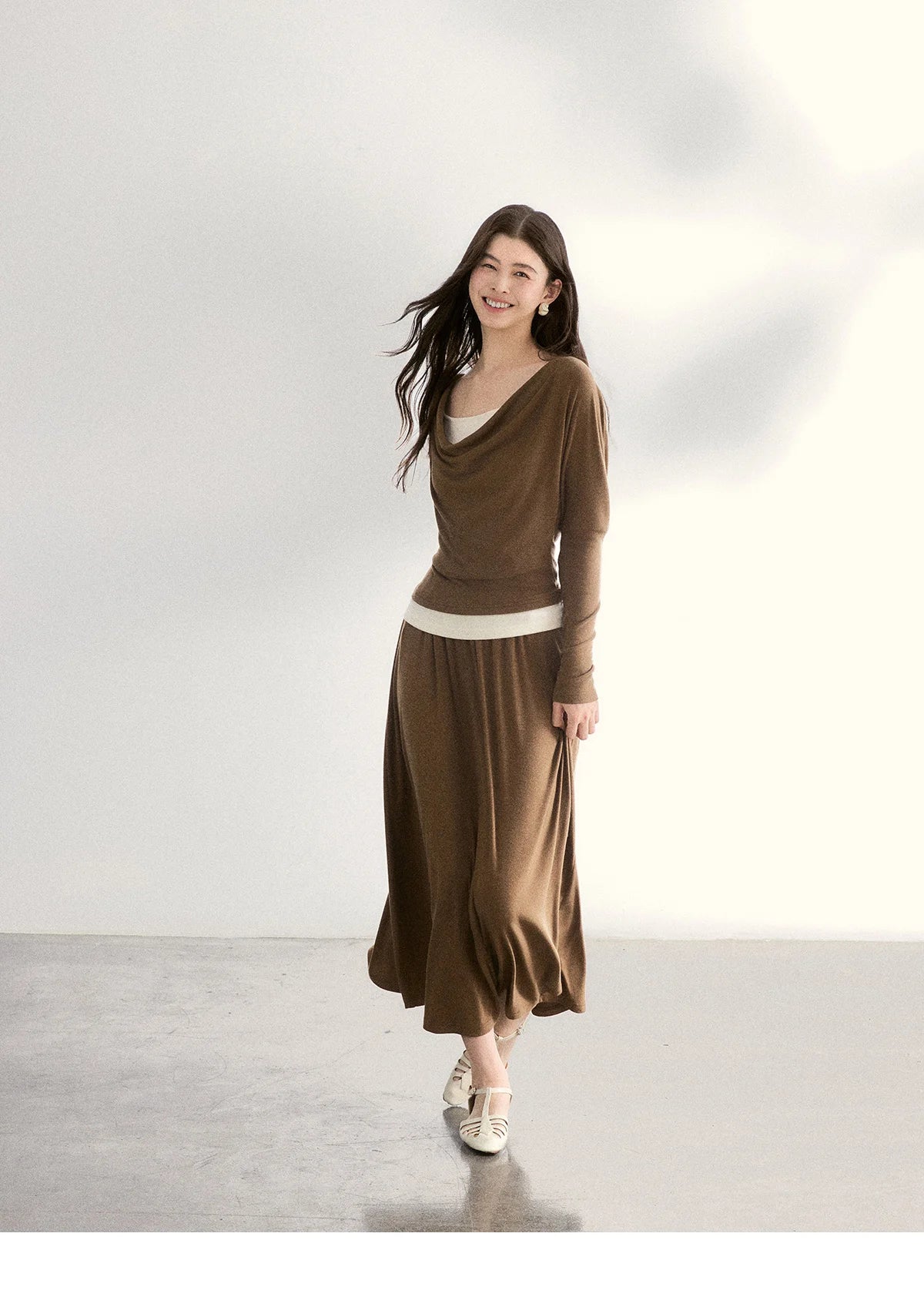 MISHOW Women's Draped Neck Tops with Camisole Two Piece Set 2026 Spring Long Sleeve Slim Casual Soft Brown Tops MXF11T1458