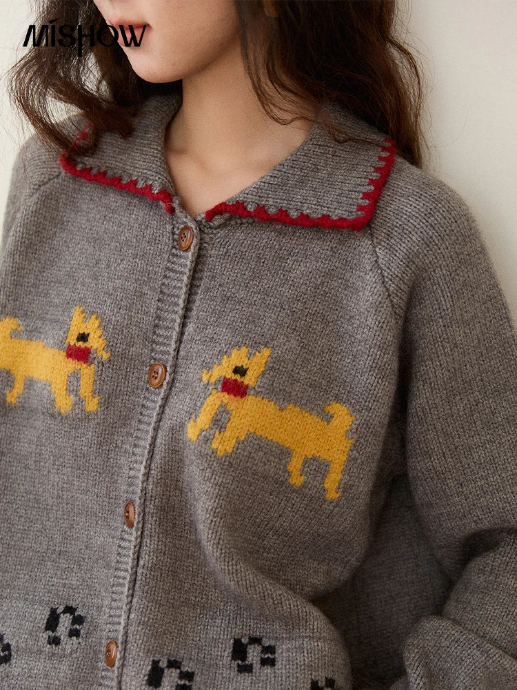 MISHOW Dog Cartoon Jacquard Knitted Cardigan for Women 2025 Loose Retro Turn-down Collar Casual Women's Sweaters MXE86Z2727