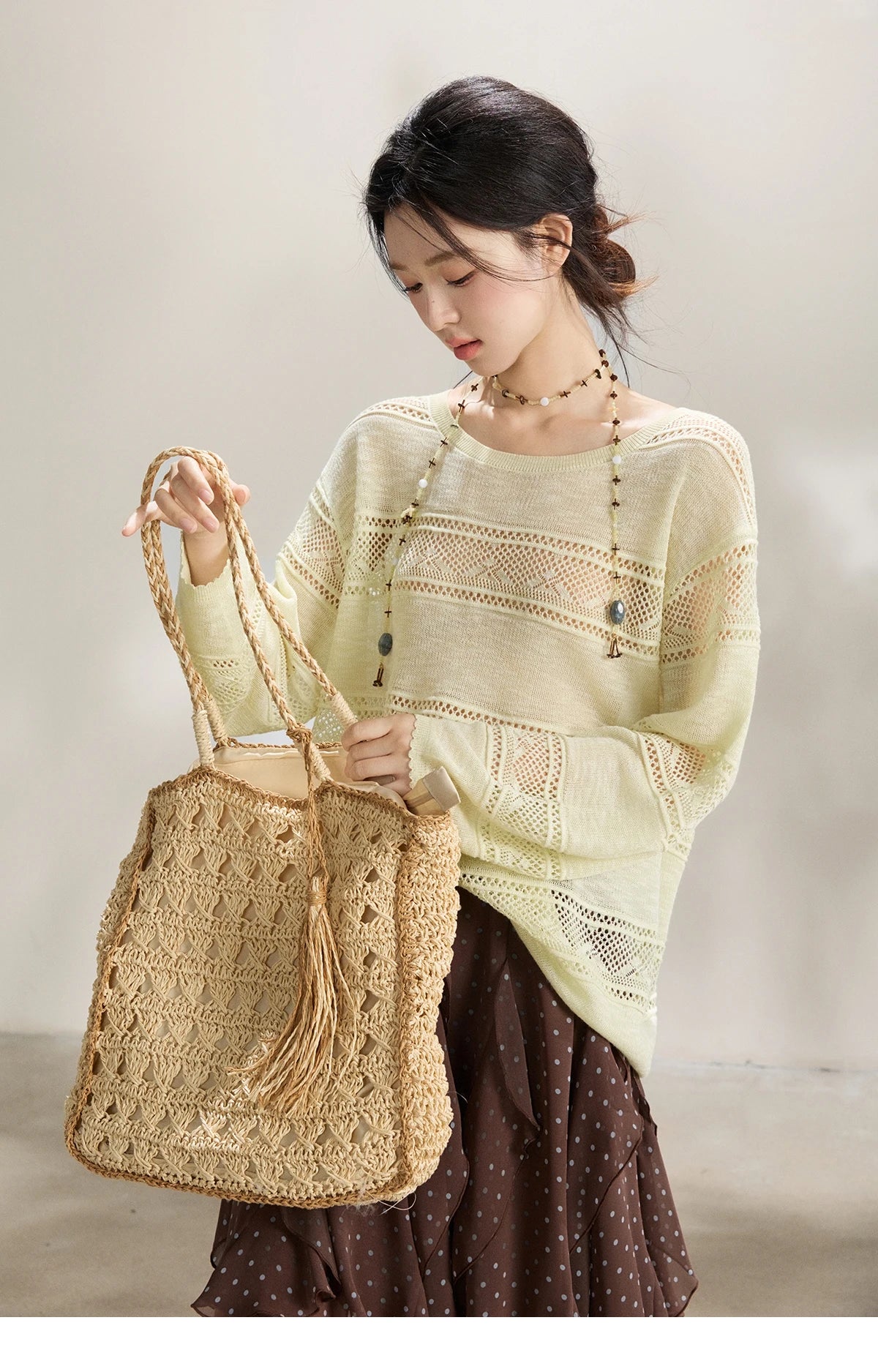 MISHOW Women's Pale Yellow Knit Top 2026 Spring Crew Neck Hollow Out Striped thin tops Casual Loose Sheer Sweater MXF13Z3020