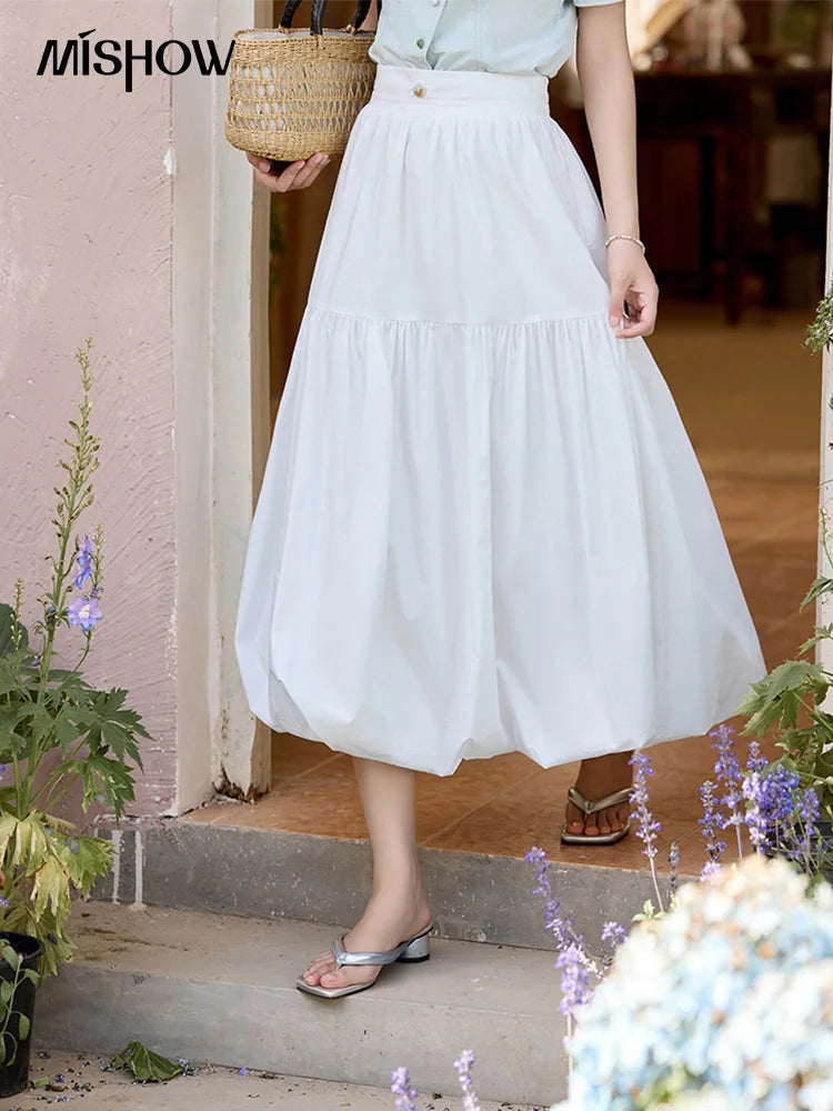 MISHOW Sea Salt White Double Layered Waist Skirt 2025 Summer Flower Bud Skirt Shell Button Versatile A-line Skirts MXE32B0715