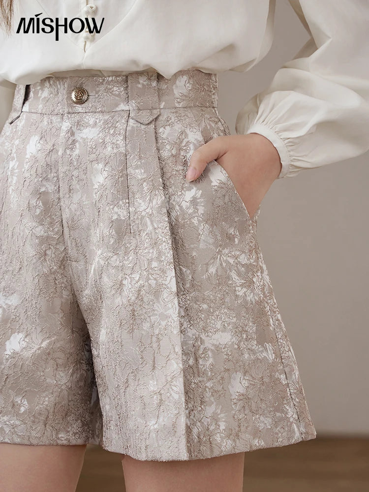 MISHOW High Waist Jacquard Shorts Spring 2024 Palace Style Metal Flower Shaped Buttons Thin Retro A-line Short Pants MXD15K0551