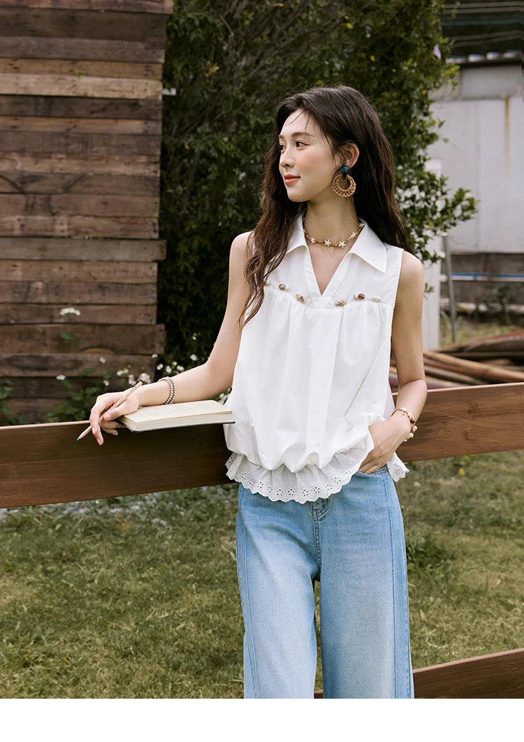 MISHOW Office Lady New Blouse Women Summer New Sleeveless Turn-down Collar Hollow Lace Shirts Female Slimming Fashion MXE31X1760