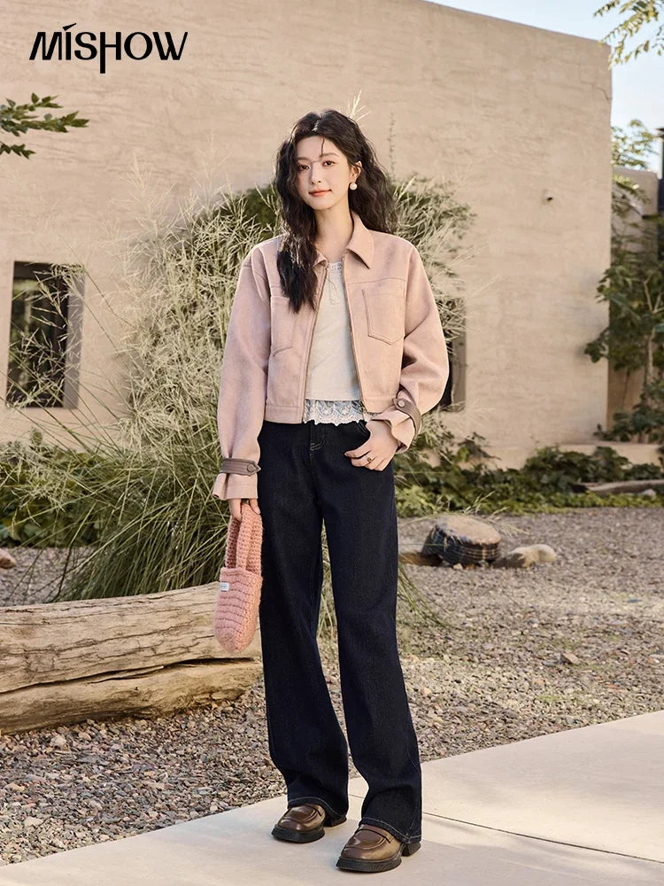 MISHOW Suede Symmetric Pocket Jacket American Vintage Zipper Short Outwear 2024 Winter Sweet Slim Lapel French Jacket MXD48W0478