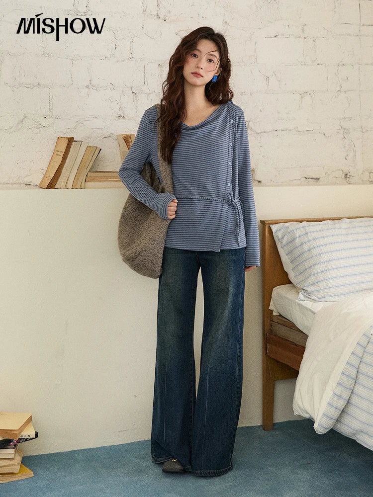 MISHOW Striped Knit Top for Women 2025 Winter Retro Crew Neck Tie-up Loose Top Commute Casual Long Sleeve T-Shirt MXE87Z2700