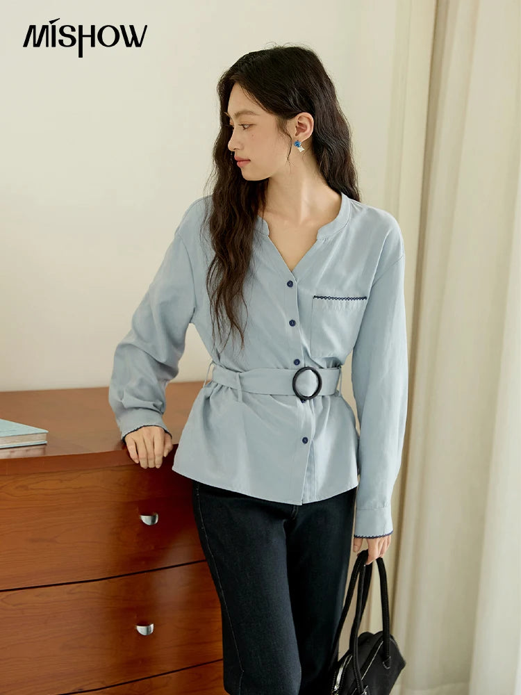 MISHOW Women's Haze Blue Peach Skin Velvet Shirt Autumn 2025 Contrast Color Design Waist Shirts Commute Versatile Top MXE47X2497