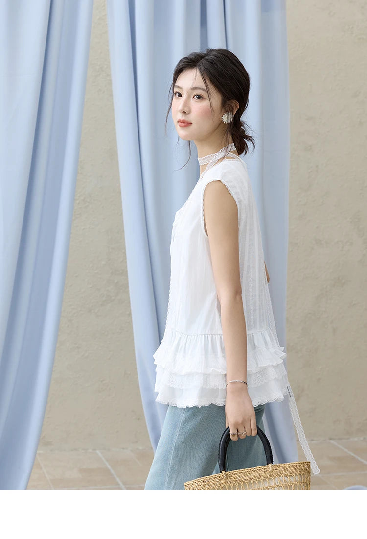 MISHOW Versatile Summer Vest Women 2025 New Solid V-neck Lace Cake Hem Sleeveless Vests Female Fashion Straight Tops MXE31X1779