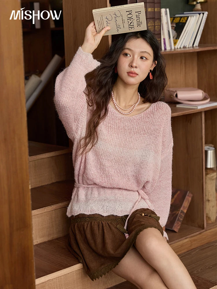 MISHOW Women's Pink Gradient Knitted Top 2025 Autumn French Wool Blend Ribbed Cuff Long Sleeve Tops with Knitted Rope MXE43Z1334