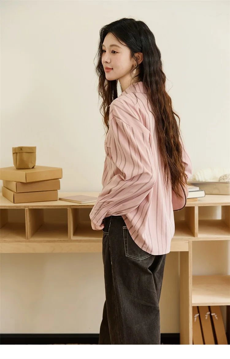 MISHOW Peach Skin Velvet Stripe Shirt for Women Autumn 2025 Double Layered Collar Contrasting Color Shirt Commute Top MXE47C2408