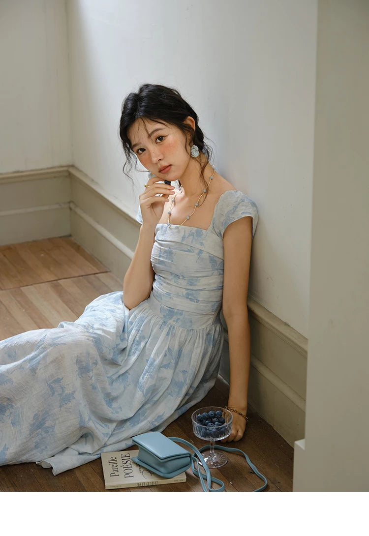 MISHOW Women's Fashion Print Dress 2025 Summer Square Neck Flying Sleeve Vacation High Waist Dresses Women's Clothing MXE35L2274